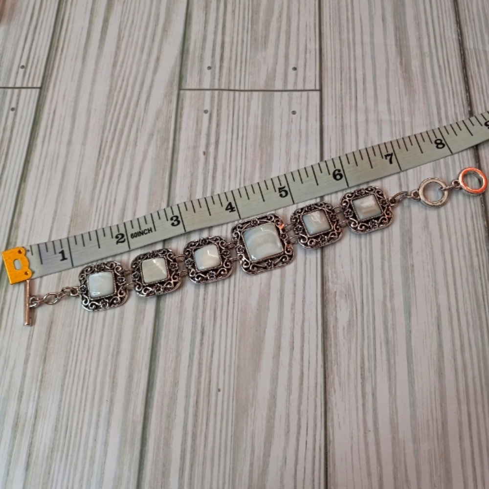 Silver Tone Costume Statement Bracelet With White Tile Stones - Picture 6 of 7